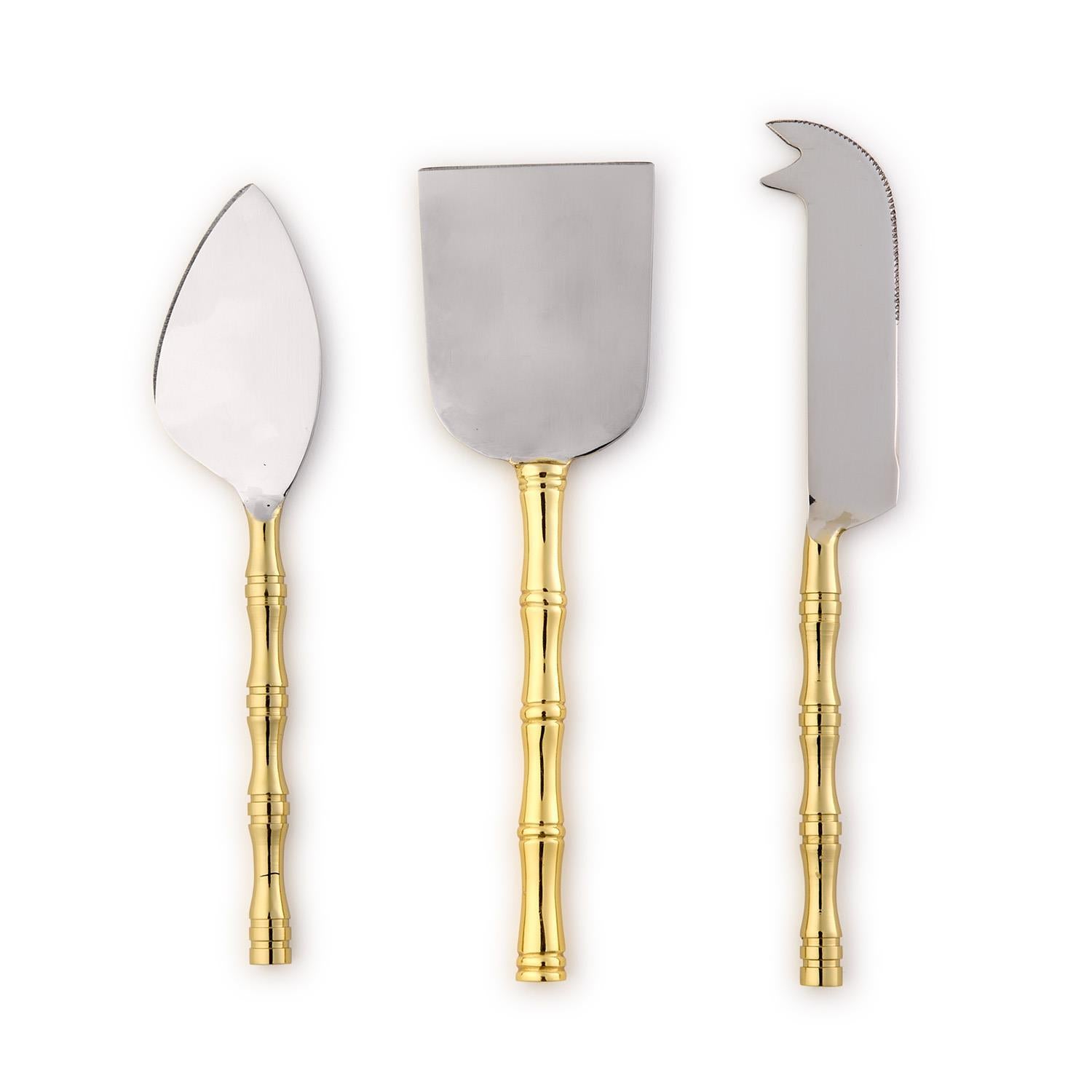 Set of 3 Gold Bamboo Cheese Knives- Stainless Steel/Brass