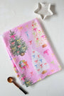 Pink ribbon Christmas cotton tea towel, bow trees