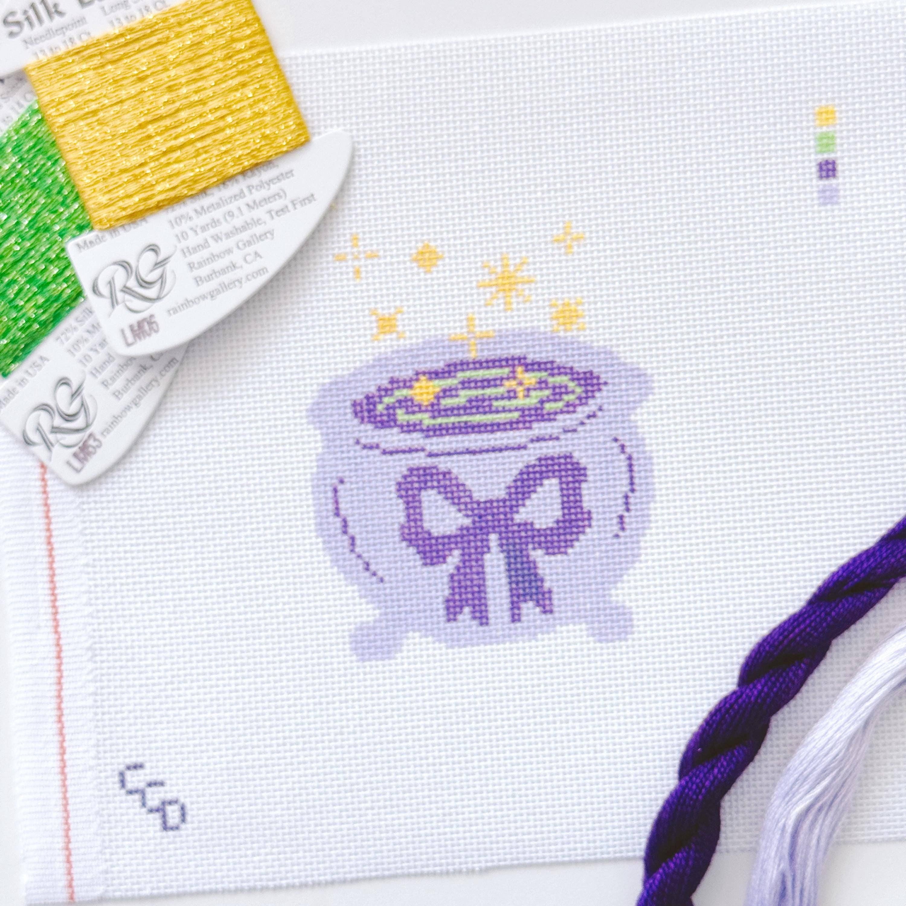 Magic Cauldren Halloween Needlepoint Canvas, 18 mesh, 4x4” design, modern trendy needlepoint canvas, bow Halloween needlepoint