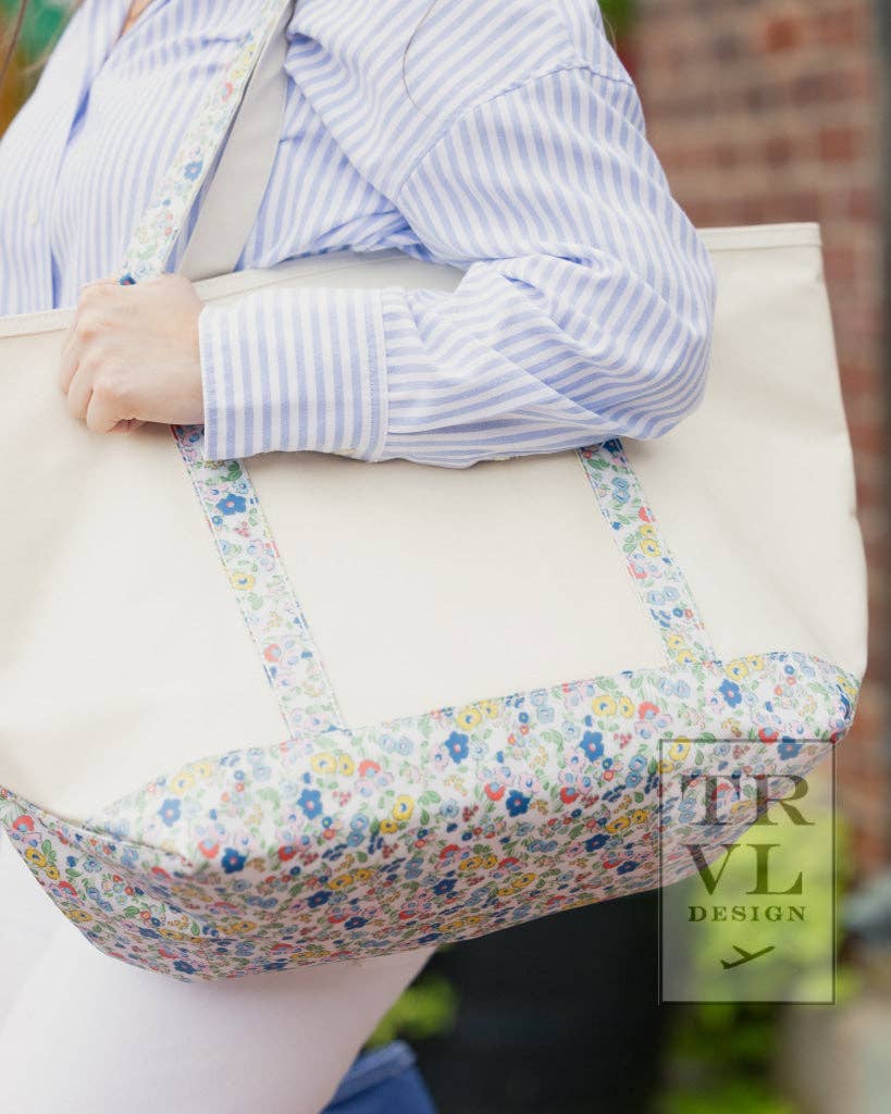 Maxi Tote - Coated Canvas Large Natural With Posies Trim