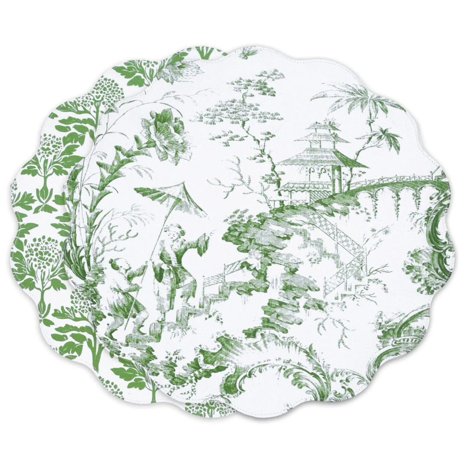 VIDA Chinoiserie Reversible Round Placemats Set of 4 Green & White