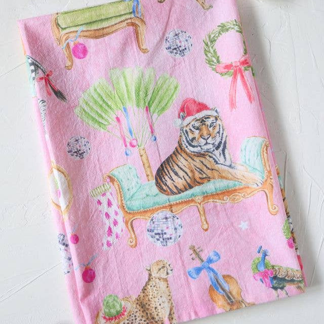 Christmas animals, holiday cotton tea towel