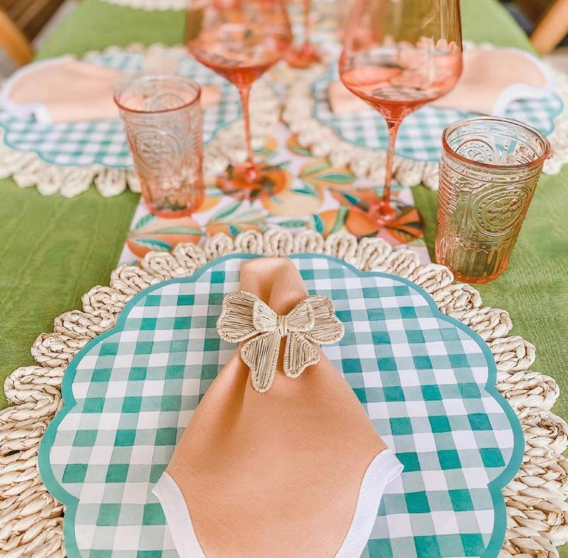 Teal Gingham Scalloped Paper Placemats | Set of 24