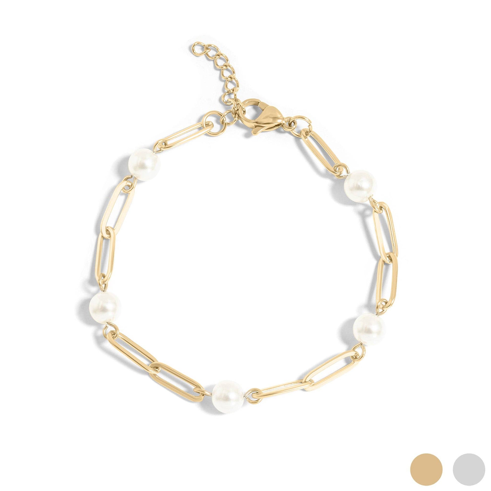 18K Gold PVD Steel Station Pearl Paperclip Chain Bracelet