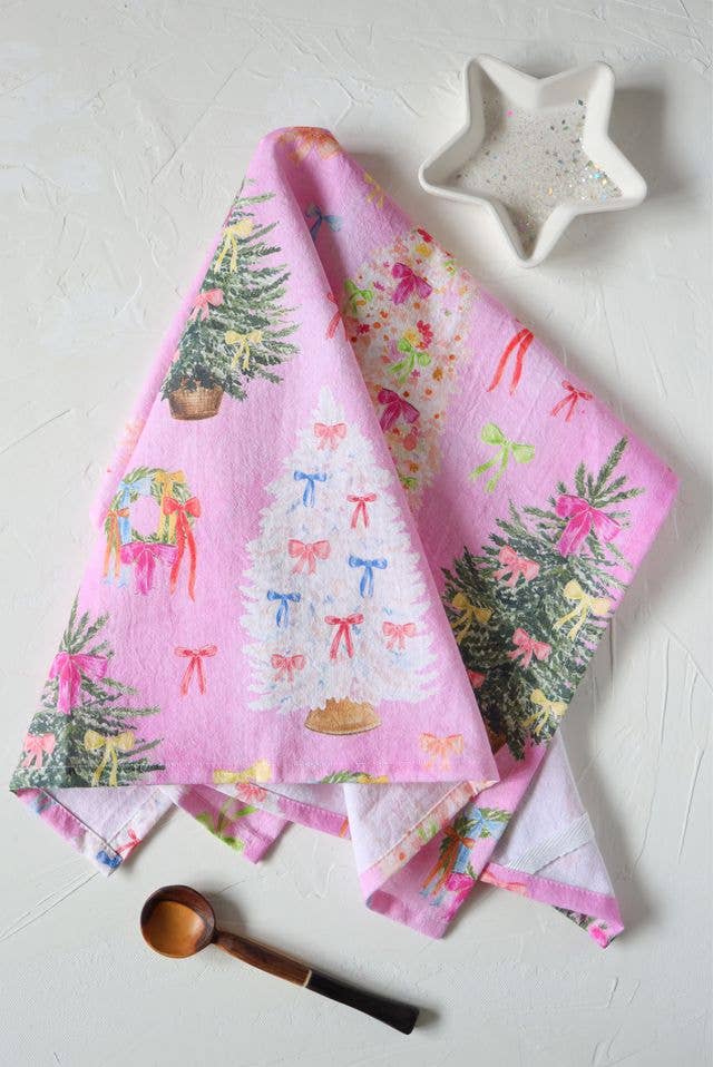 Pink ribbon Christmas cotton tea towel, bow trees