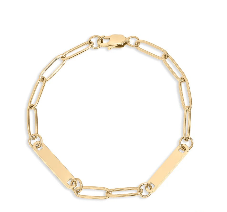Gold Paperclip Two Bar Bracelet Engraving