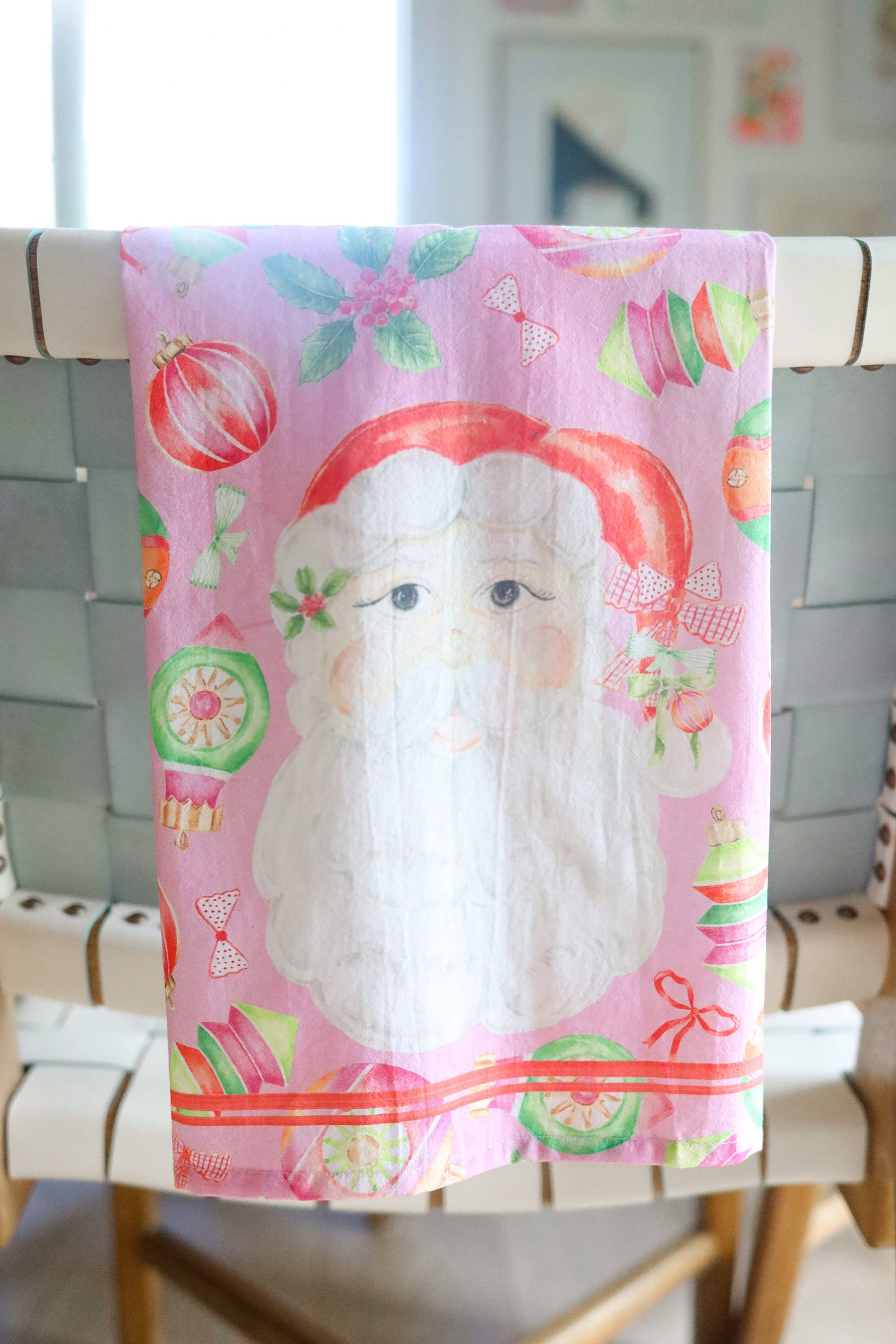 Pink Vintage Santa Ornaments cotton tea towel