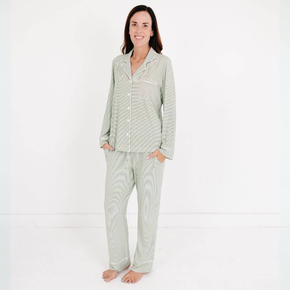 Evergreen Stripe Long Sleeve & Pants Bamboo Women's Pajama Set