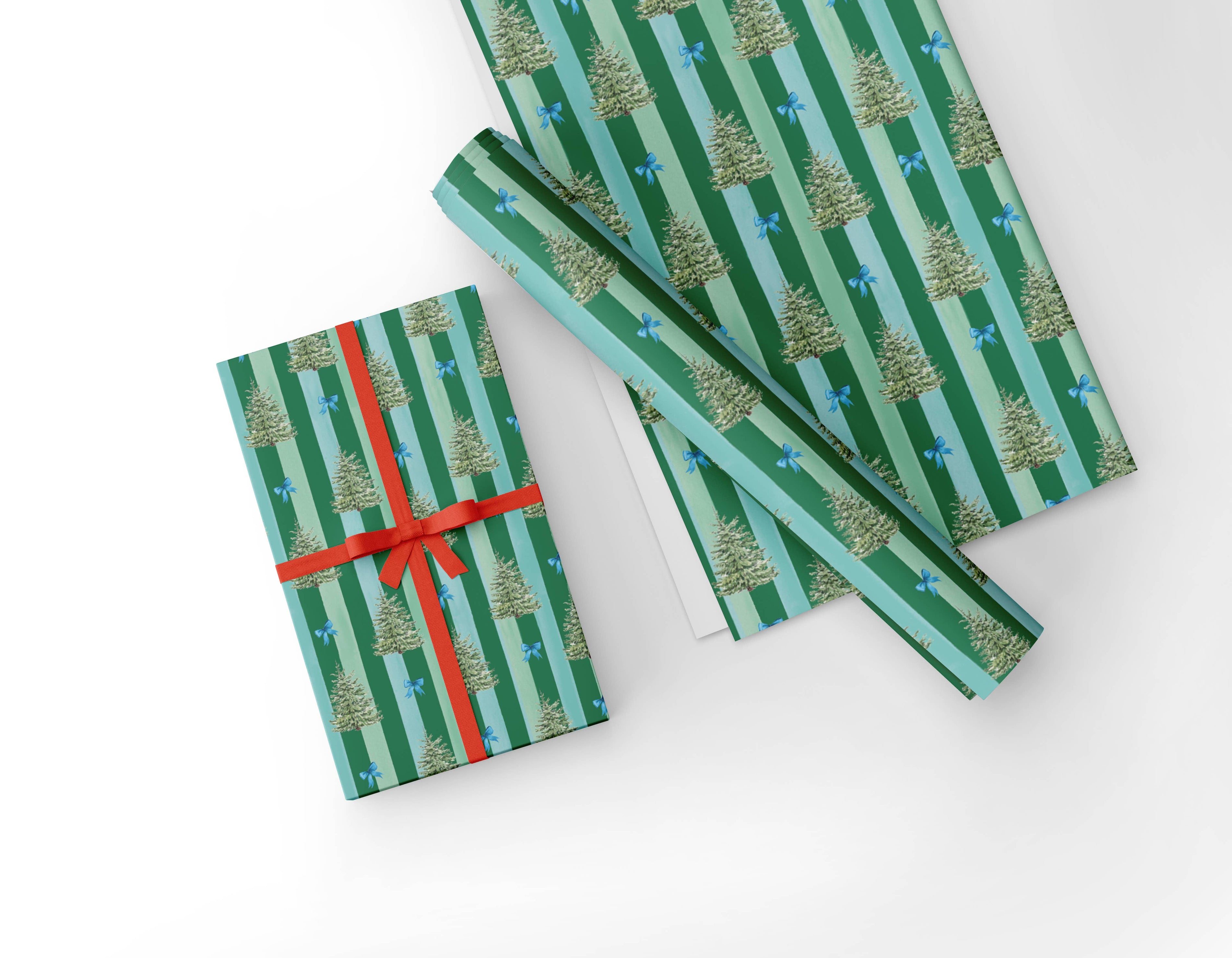 Blue Spruce and Bows Green Striped Wrapping Paper