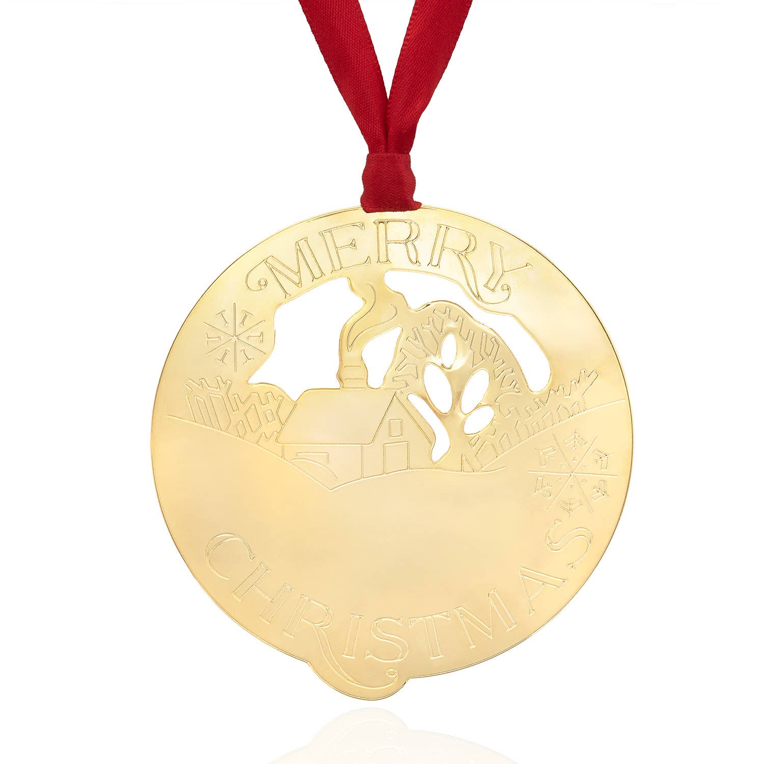 Gold Metal Christmas Tree Ornament with Winter Scene