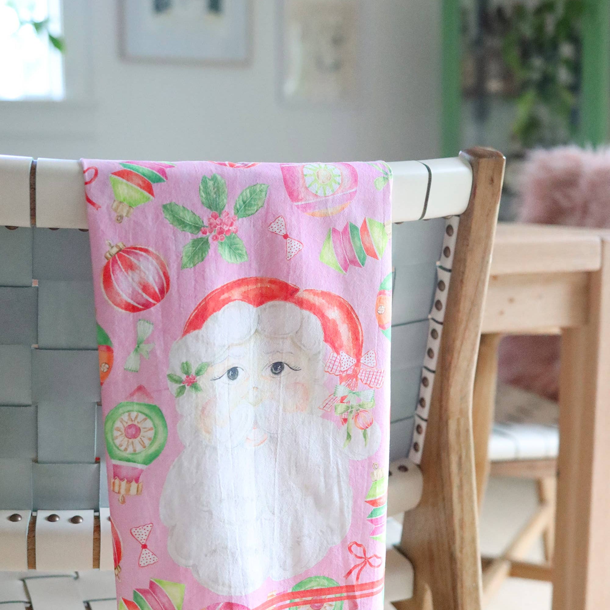 Pink Vintage Santa Ornaments cotton tea towel