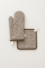 Oven Mitt + Potholder - Quilted Linen Set Brown Mini Gingham