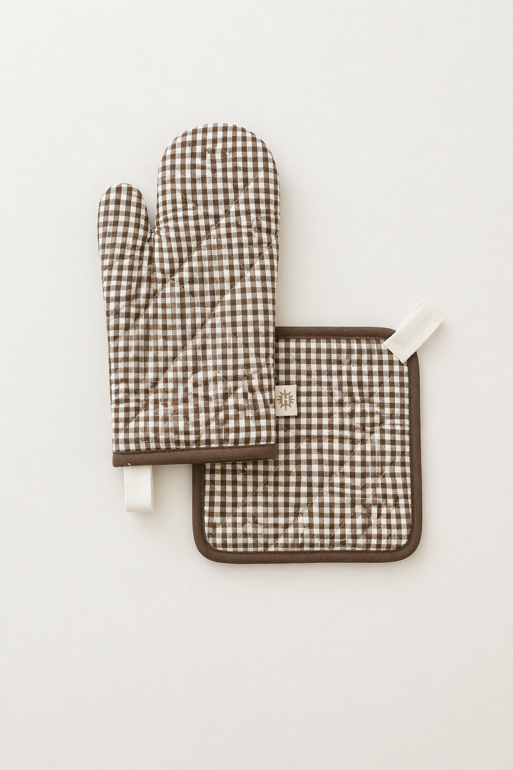 Oven Mitt + Potholder - Quilted Linen Set Brown Mini Gingham