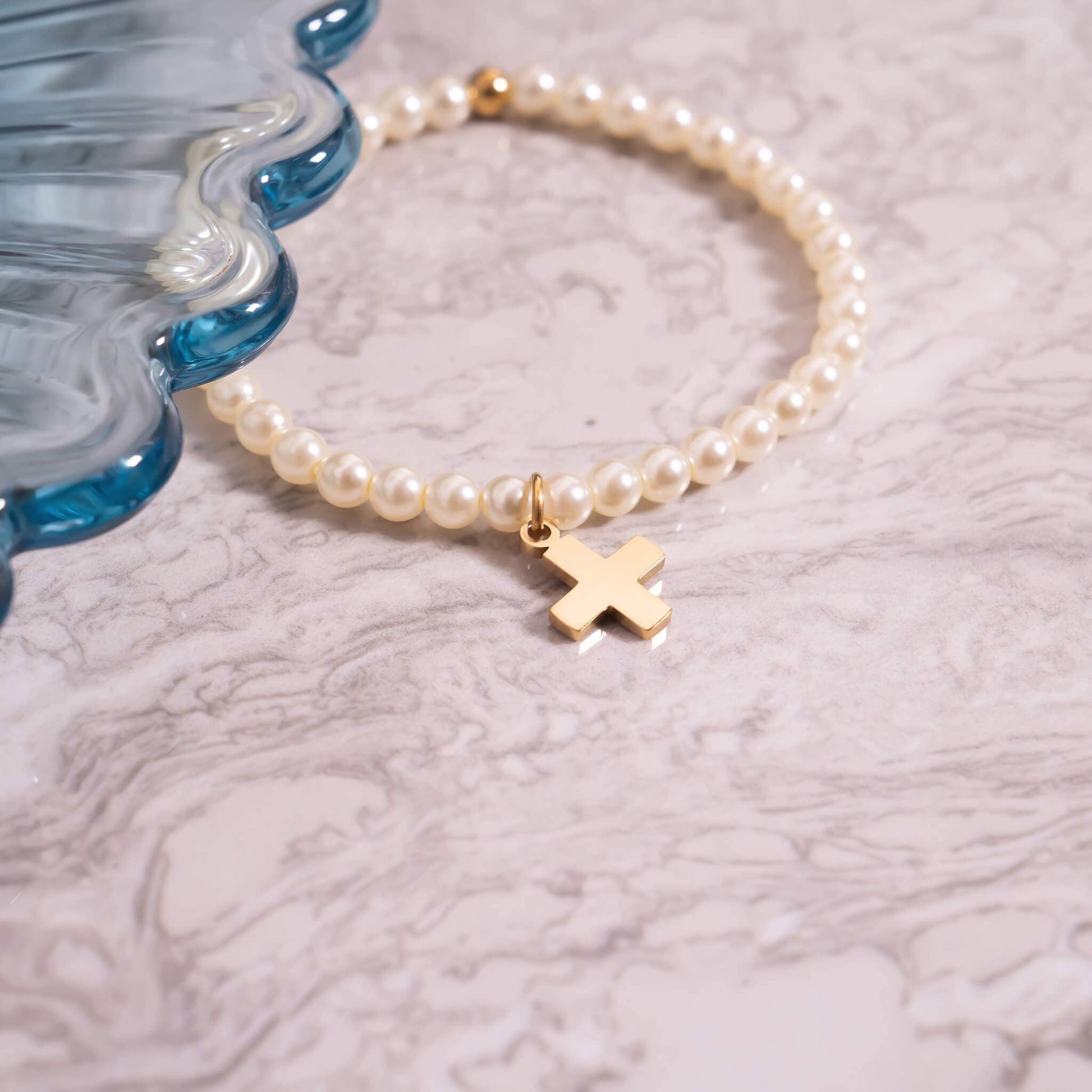 18k Gold PVD Stainless Steel Pearl Cross Bracelet (Kids)