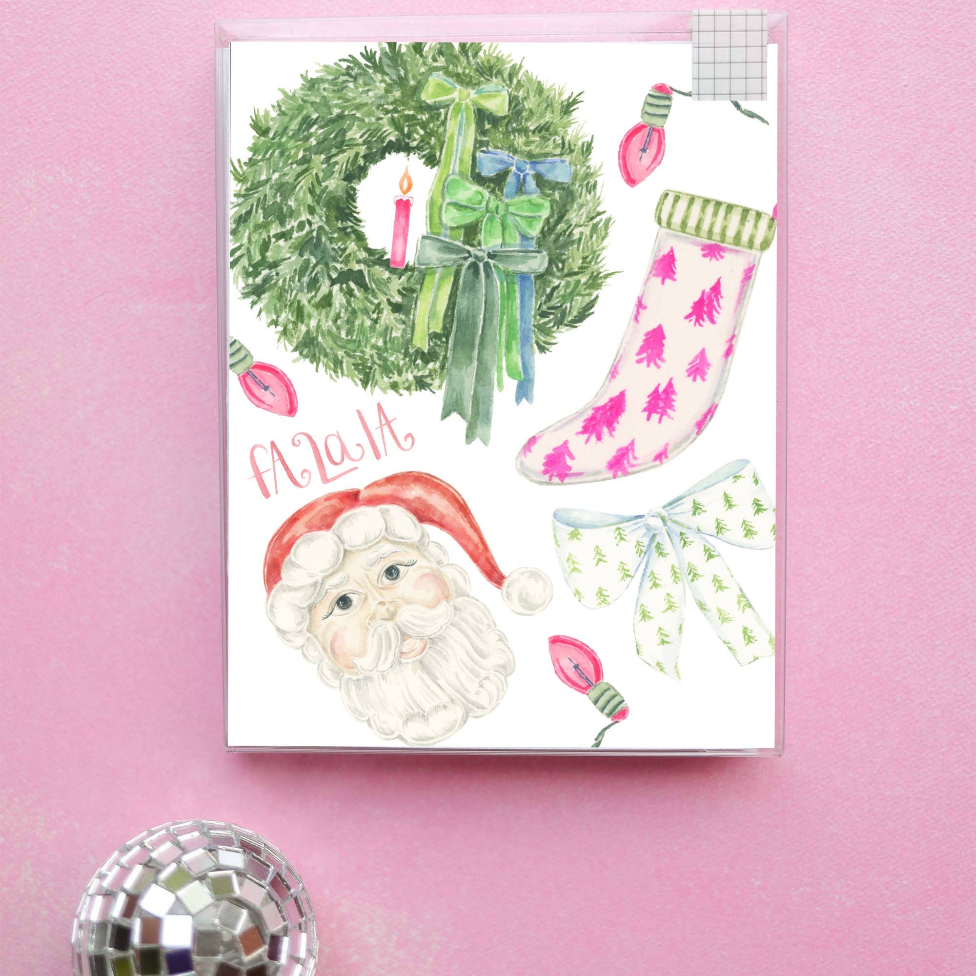Mini holiday boxed set of cards, fa la la santa stocking