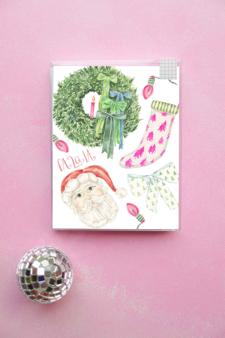 Mini holiday boxed set of cards, fa la la santa stocking