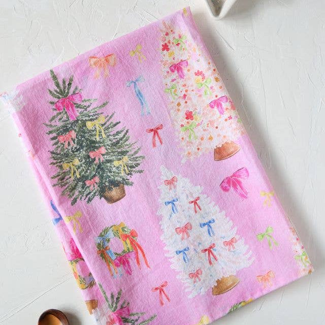 Pink ribbon Christmas cotton tea towel, bow trees