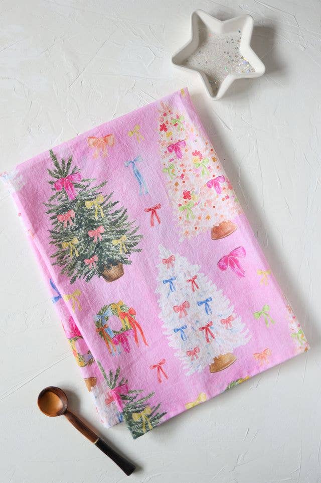 Pink ribbon Christmas cotton tea towel, bow trees