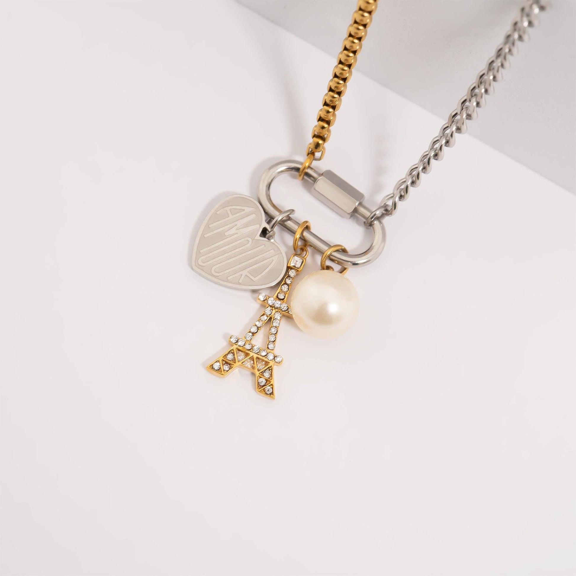 18K Gold Stainless Steel Mixed Metal Carabiner Necklace