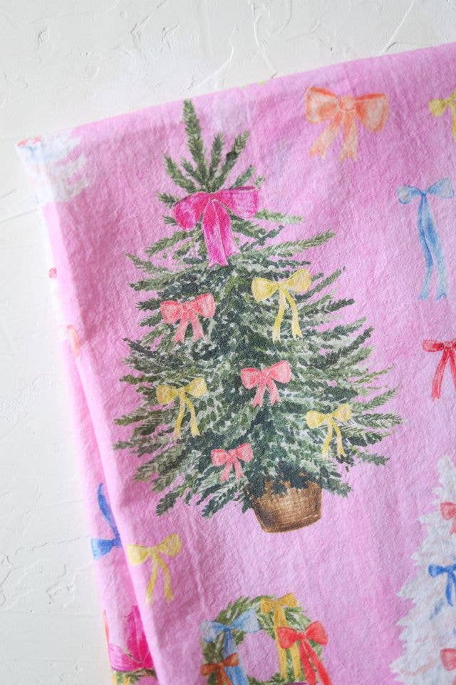 Pink ribbon Christmas cotton tea towel, bow trees