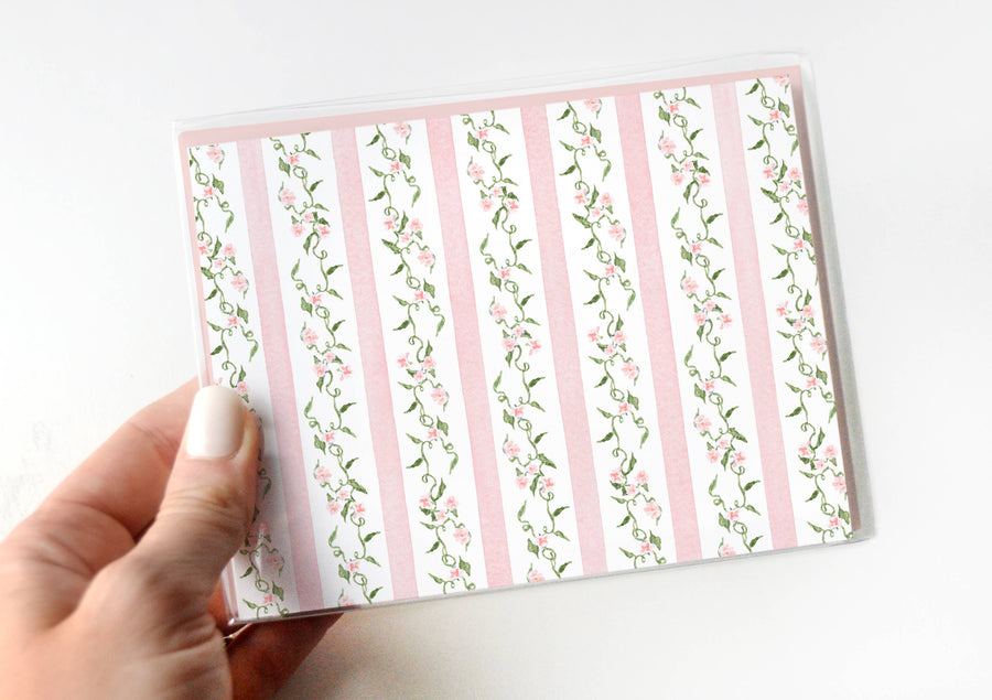 Pink Ditsy Floral Stripe Notecards | Set of 8