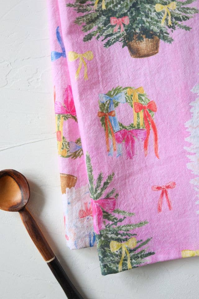Pink ribbon Christmas cotton tea towel, bow trees