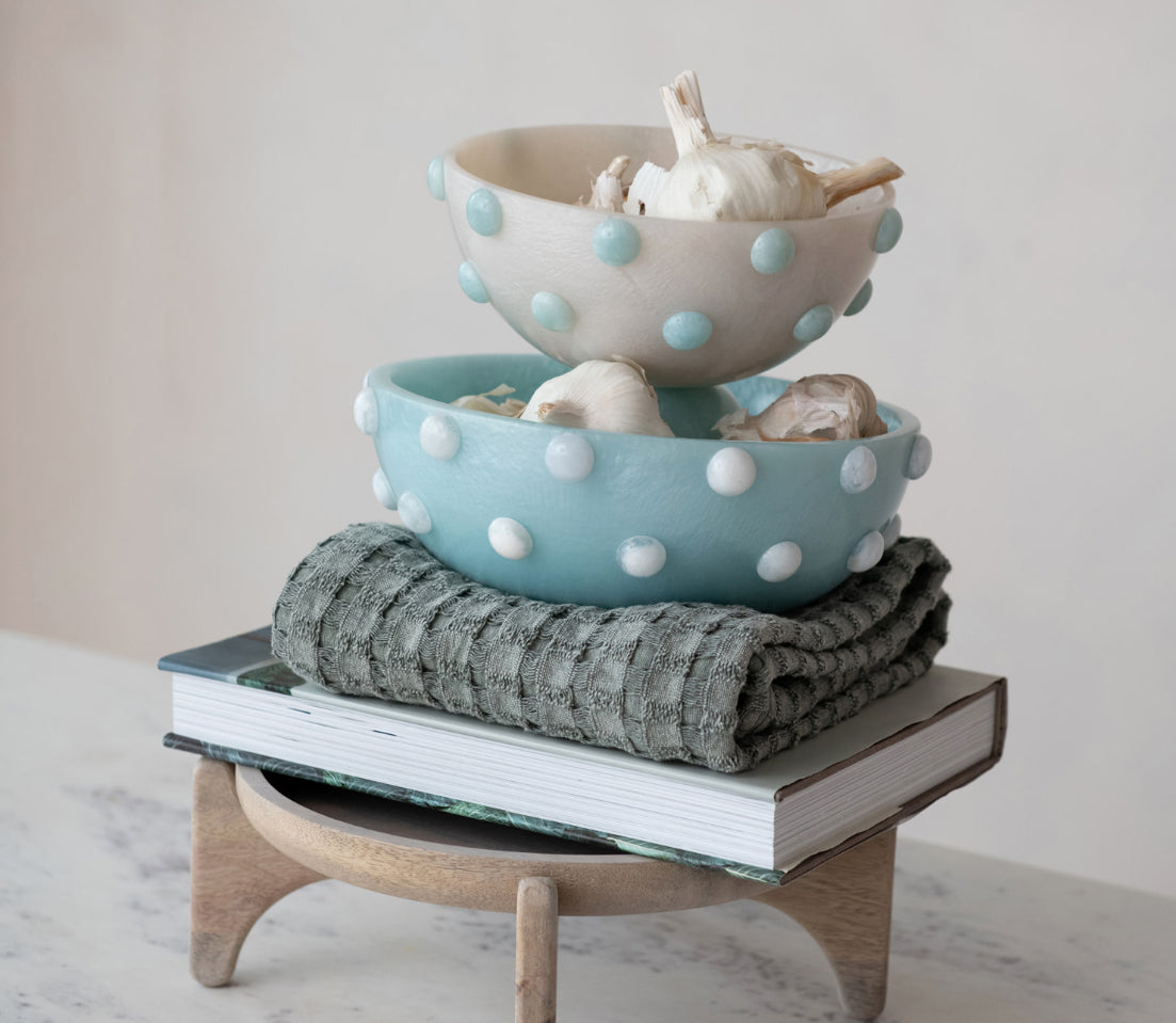 Marbled Resin Hobnail Footed Bowl, Pink and Blue