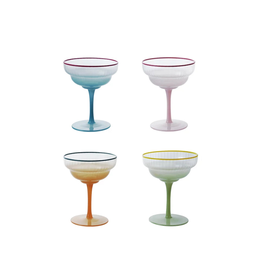 4 oz Fluted Stemmed Coupe Glasses with Colored Rim, set of 4