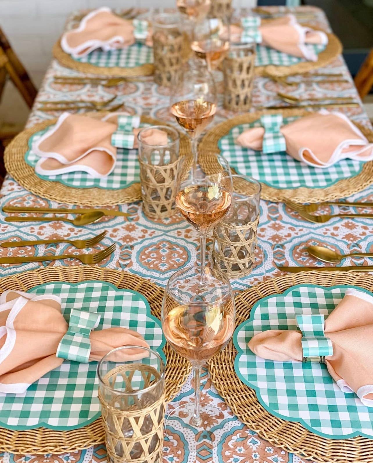 Teal Gingham Scalloped Paper Placemats | Set of 24