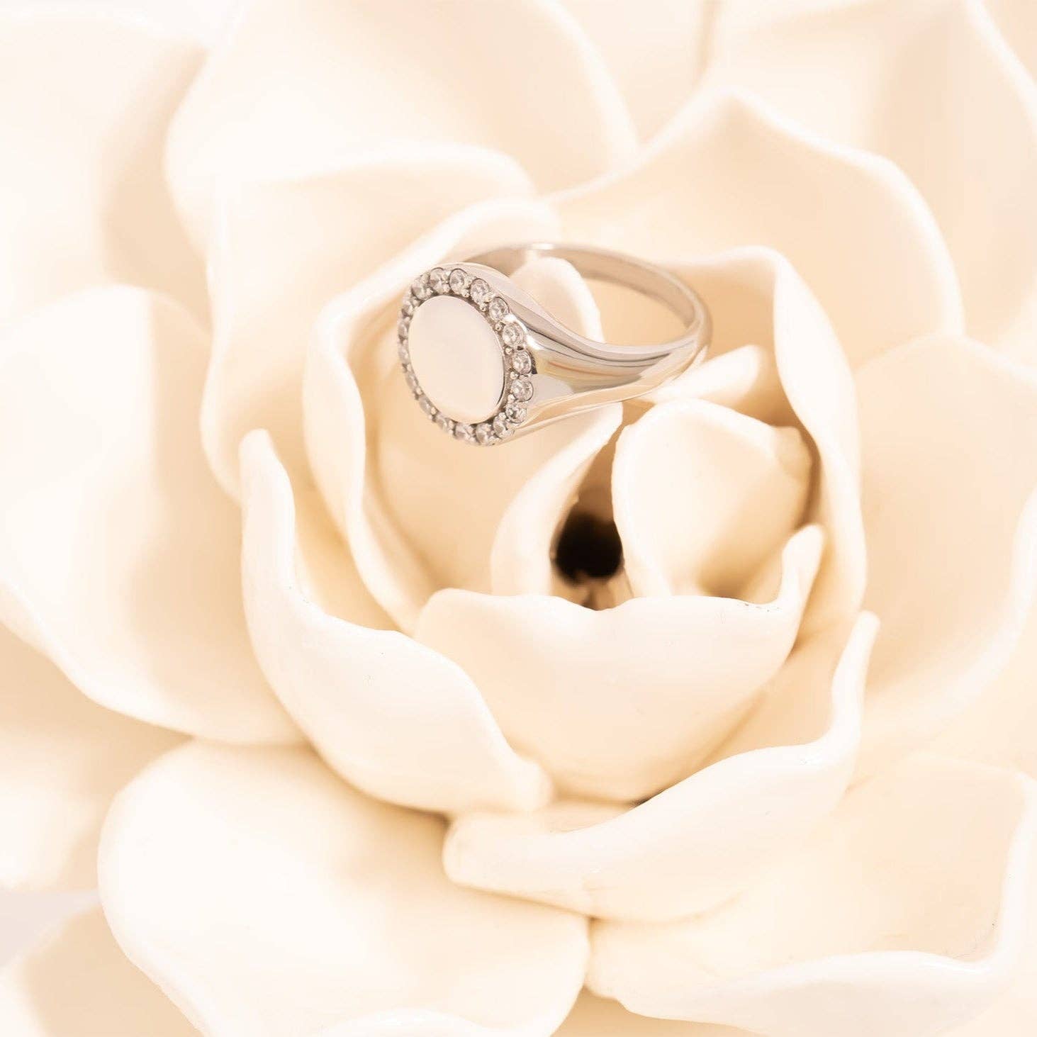 18K Gold PVD Stainless Steel Signet Ring With Stones