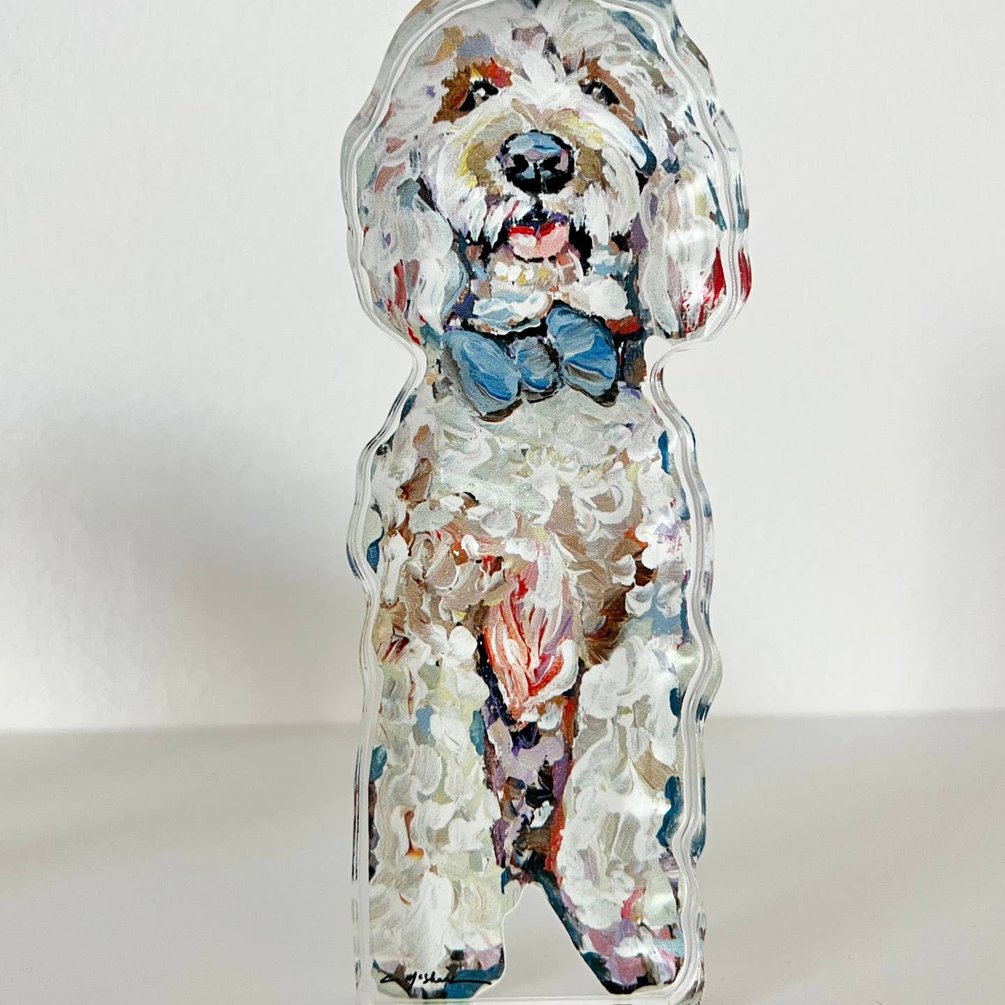 "Golden Doodle Blue Bow" Acrylic Block