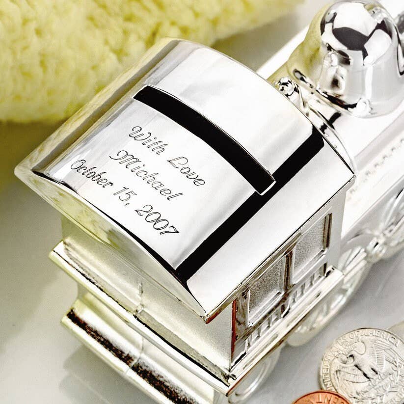 Silver Plated Train Coin Bank Baby Gift Room to Engrave