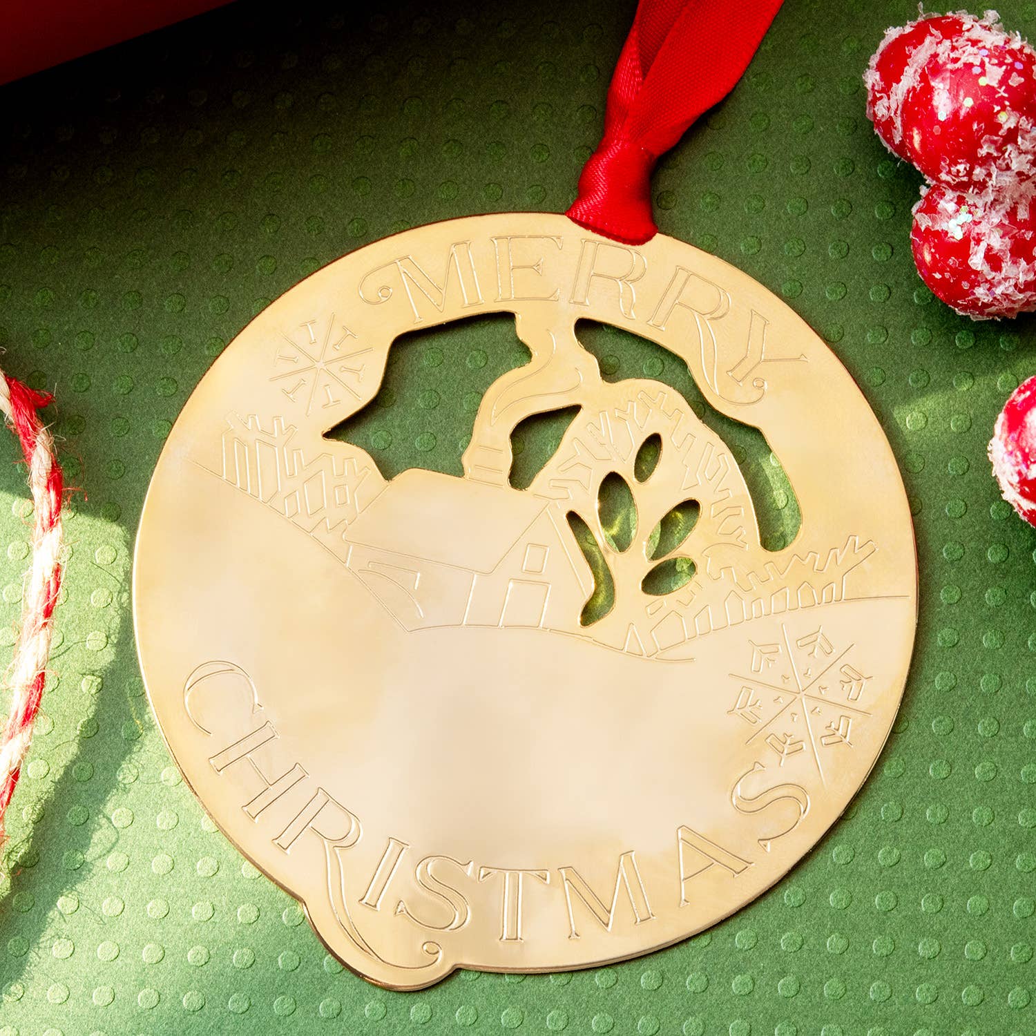 Gold Metal Christmas Tree Ornament with Winter Scene