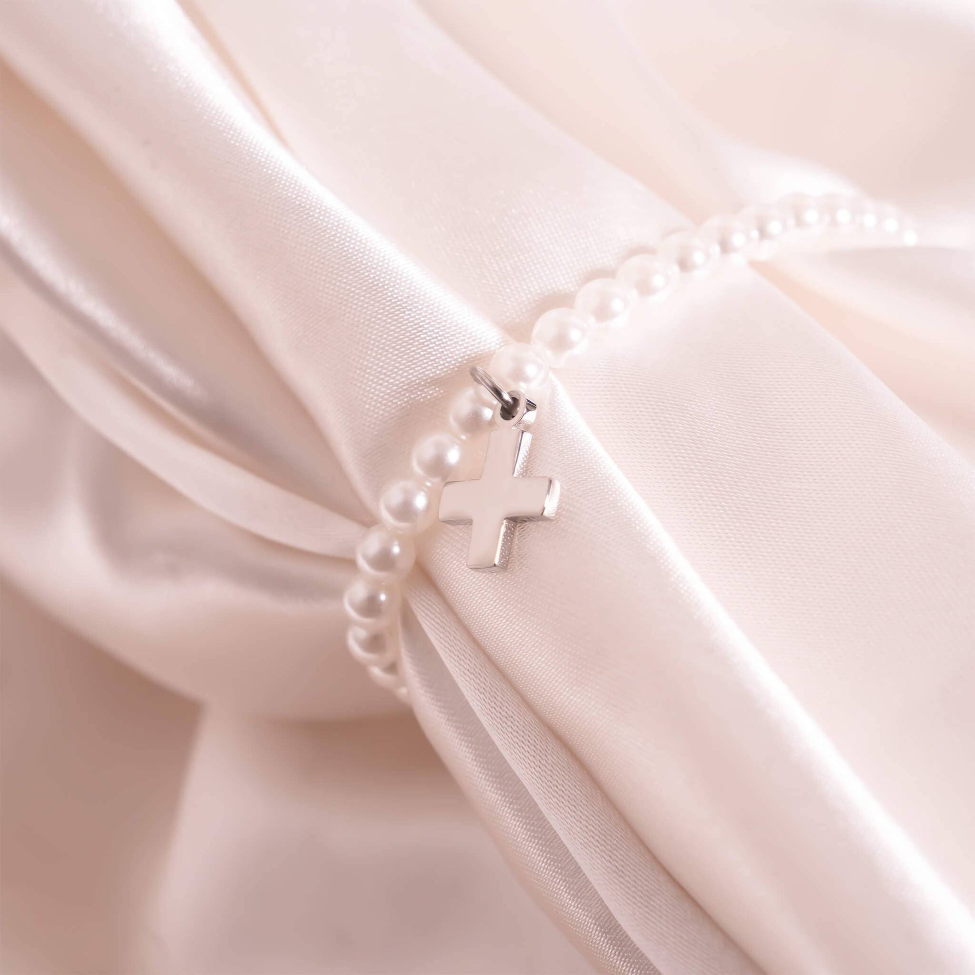 18k Gold PVD Stainless Steel Pearl Cross Bracelet (Kids)