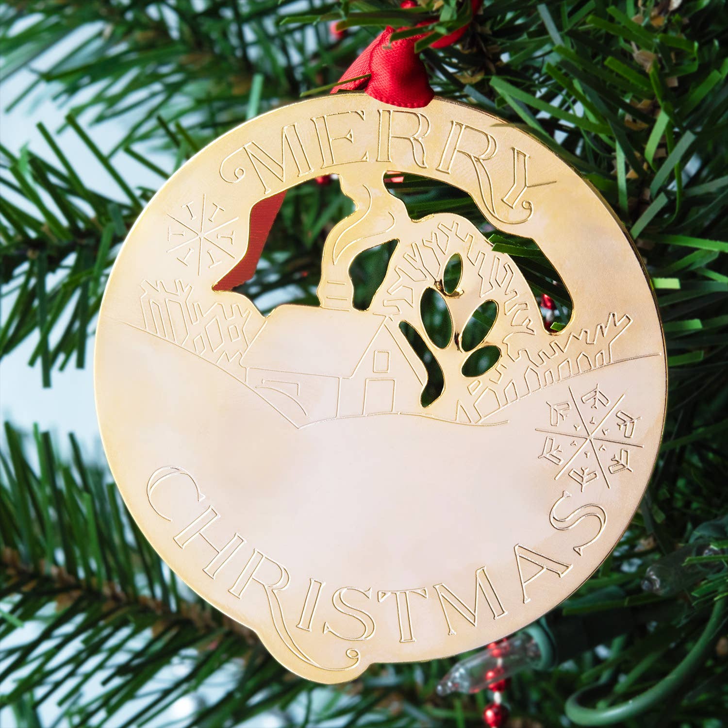 Gold Metal Christmas Tree Ornament with Winter Scene