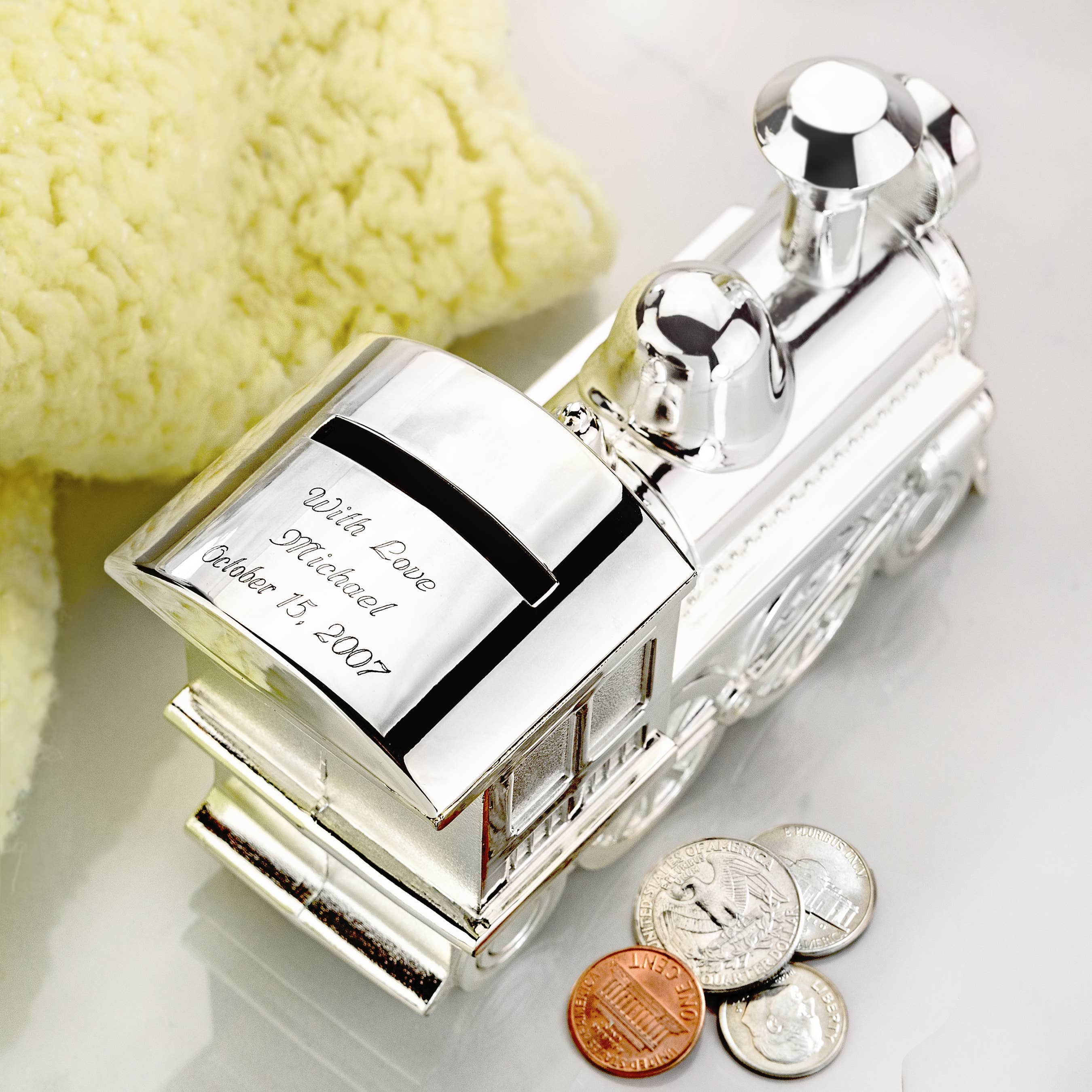 Silver Plated Train Coin Bank Baby Gift Room to Engrave