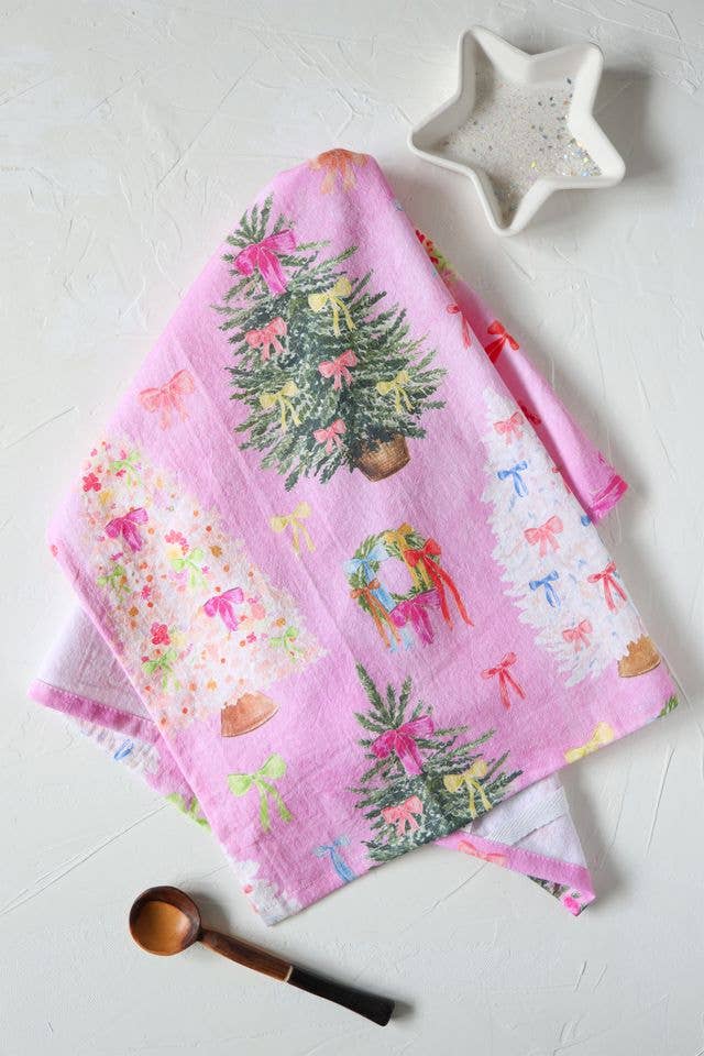 Pink ribbon Christmas cotton tea towel, bow trees