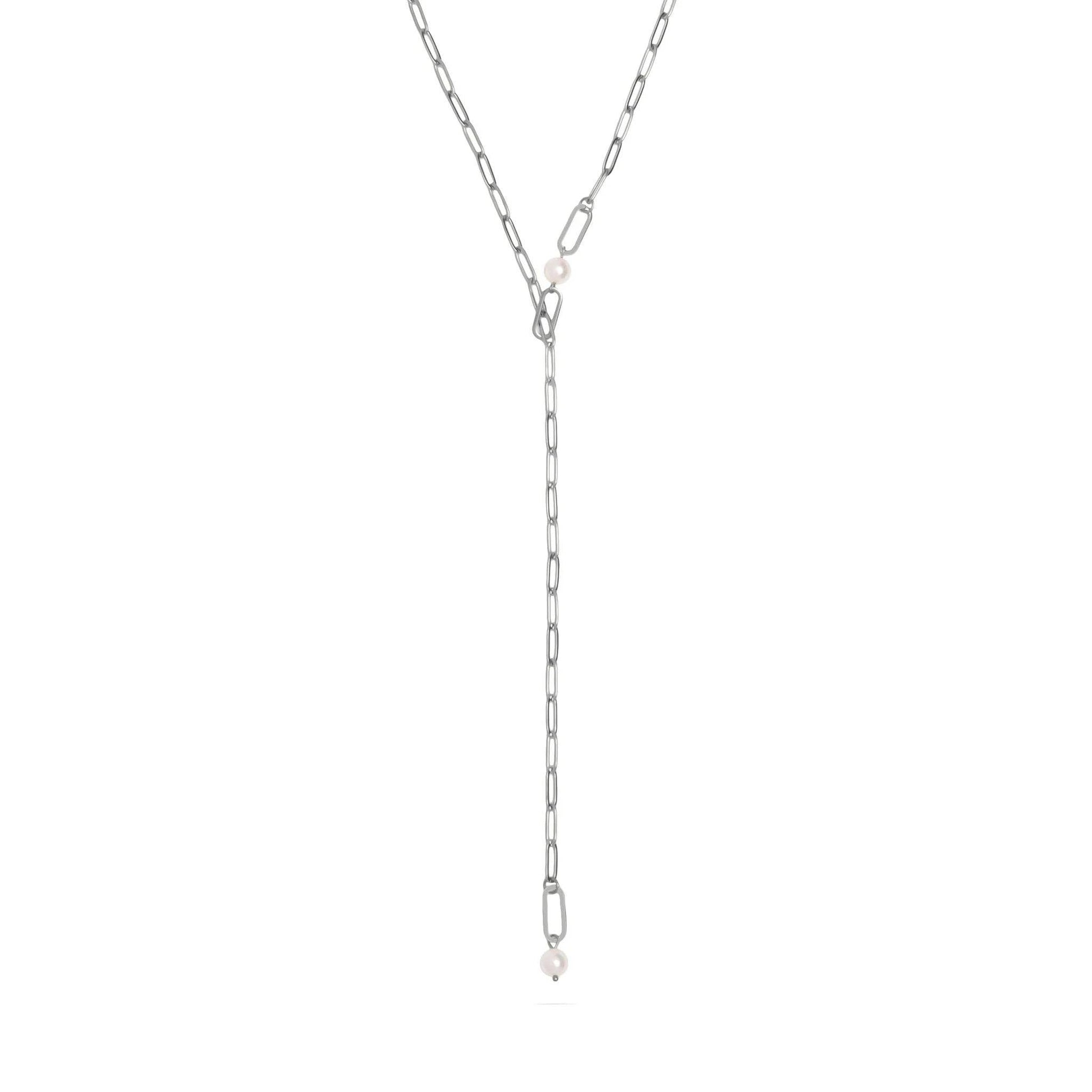 18K Gold PVD Stainless Steel Y Paperclip Necklace with Pearl