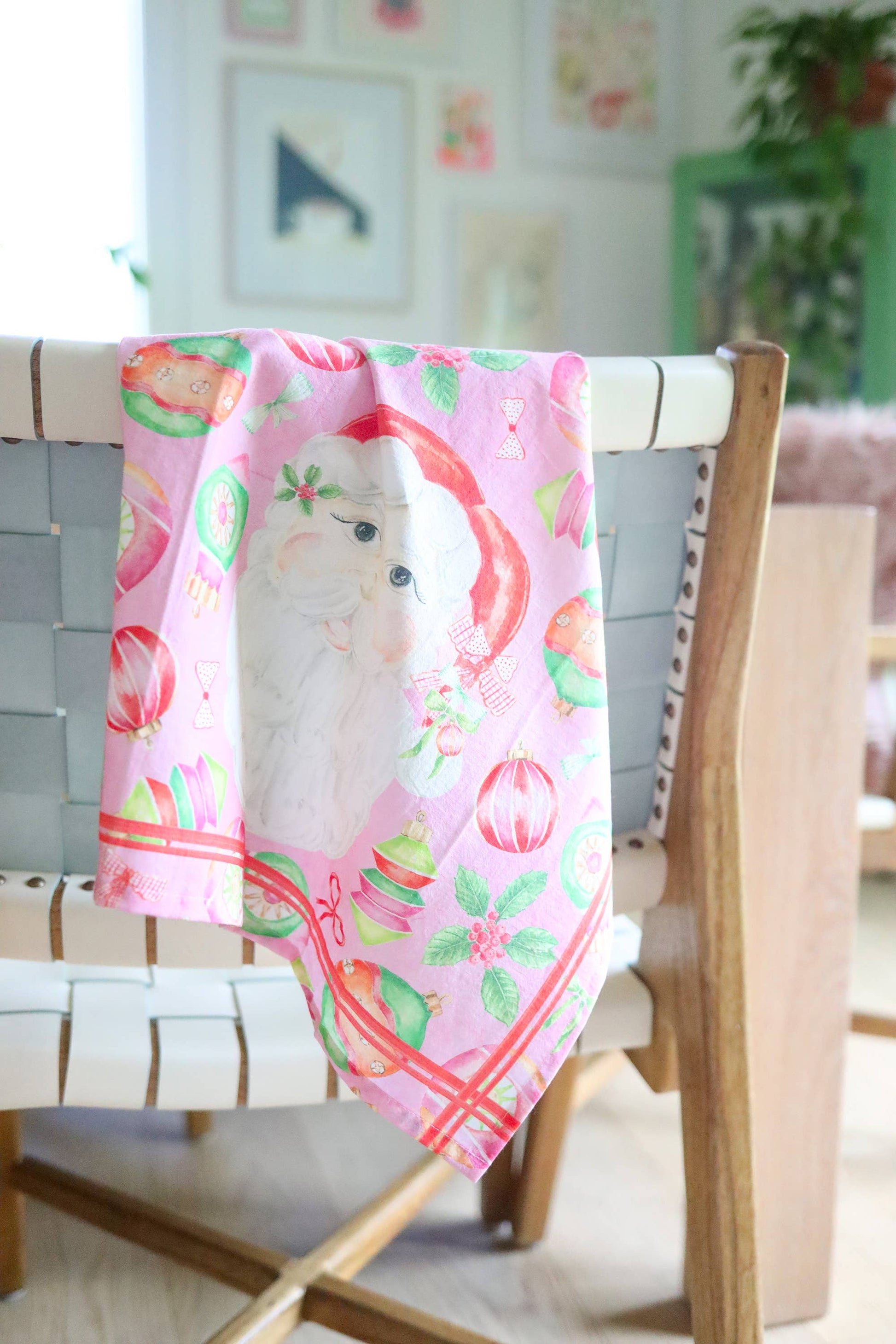 Pink Vintage Santa Ornaments cotton tea towel