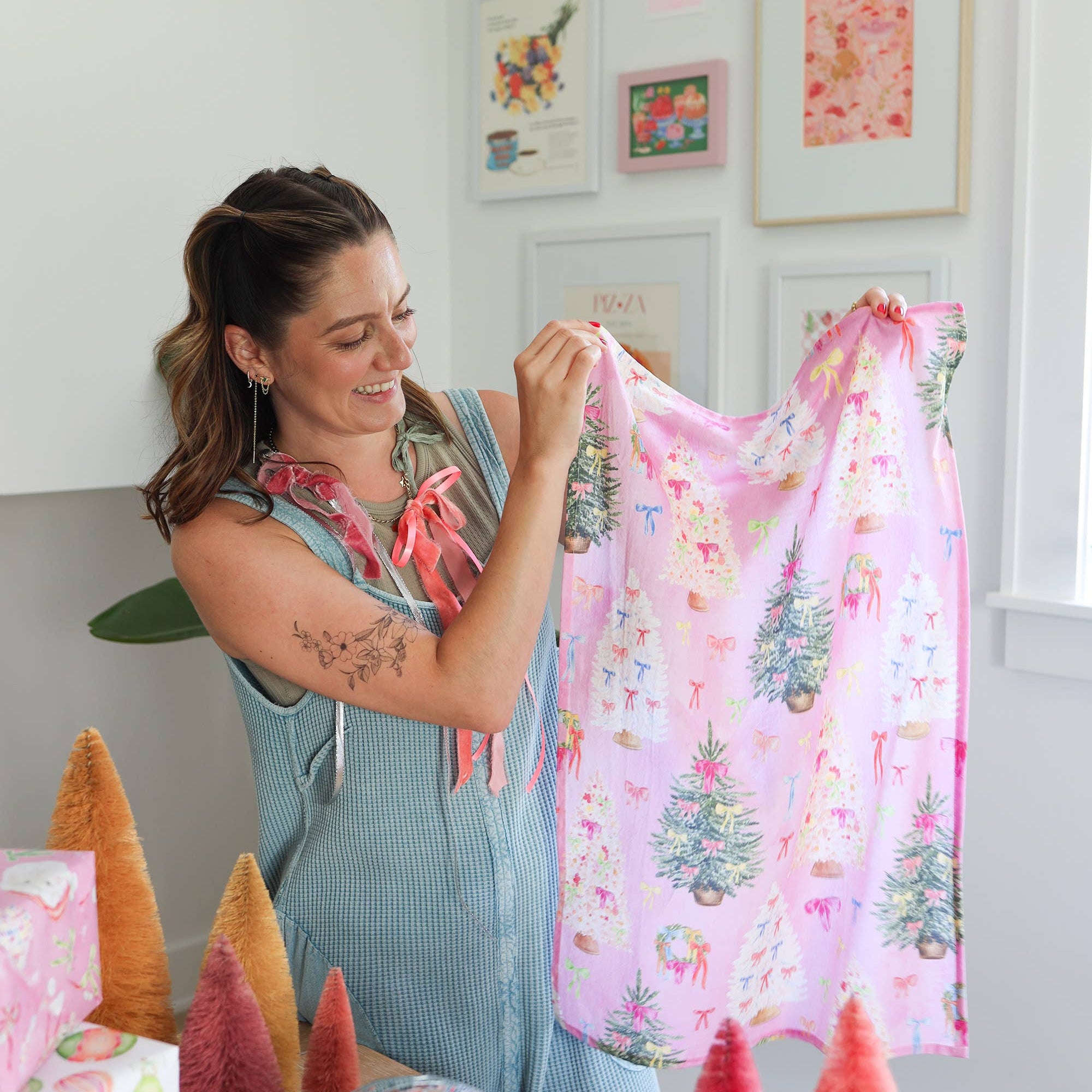 Pink ribbon Christmas cotton tea towel, bow trees
