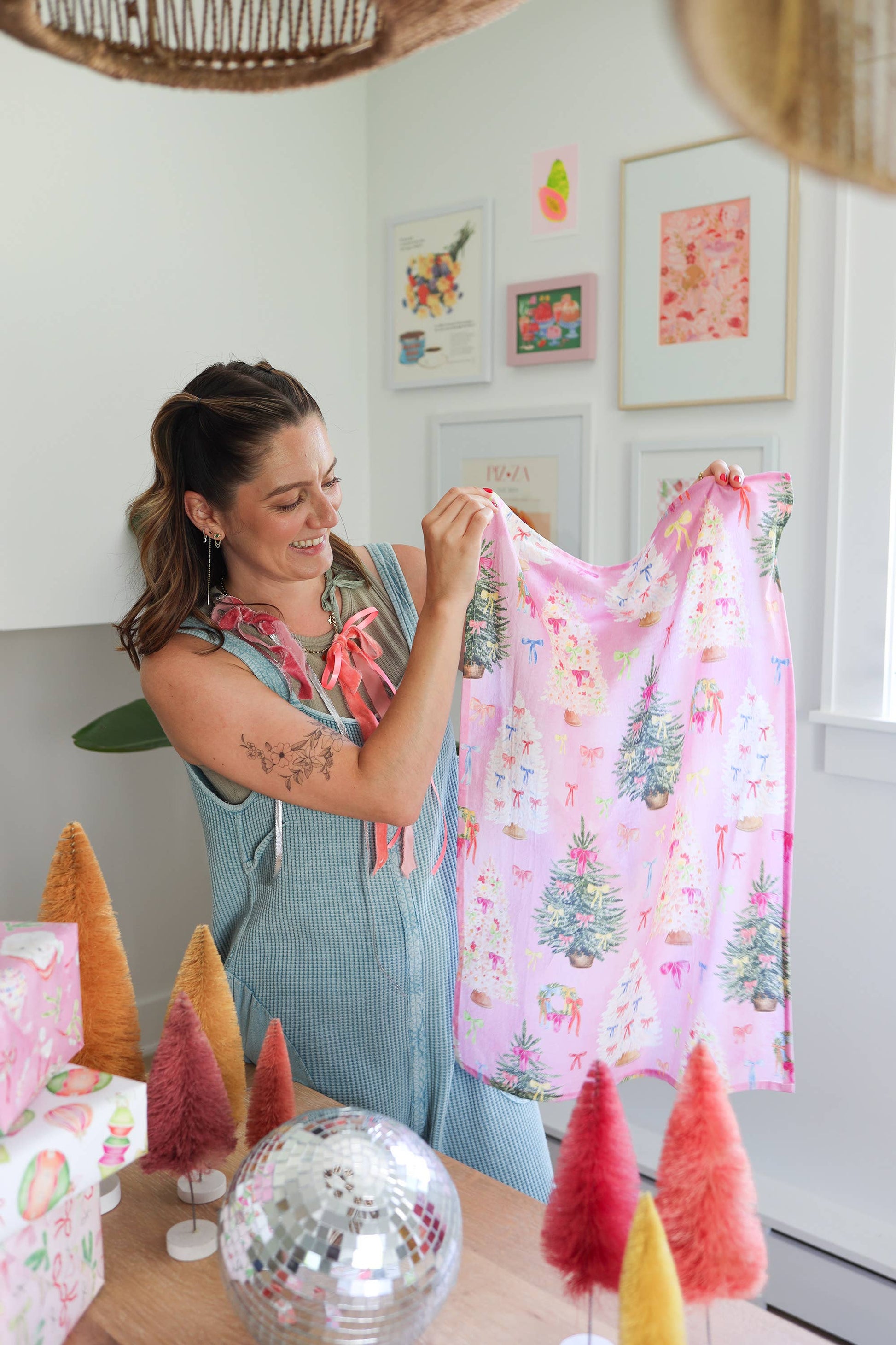 Pink ribbon Christmas cotton tea towel, bow trees