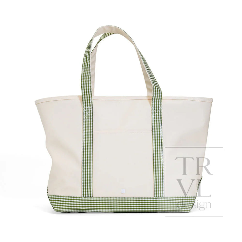 Maxi Tote - Coated Canvas with Gingham Moss Trim